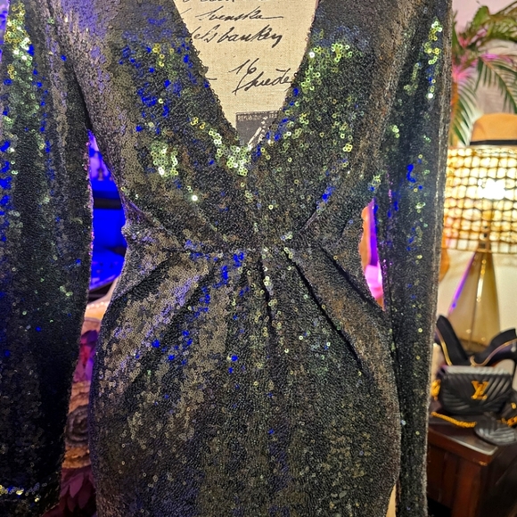 Green Sequin Glam Long Sleve Formal Short Dress with Gold Zipper Detail size M - Picture 5 of 16